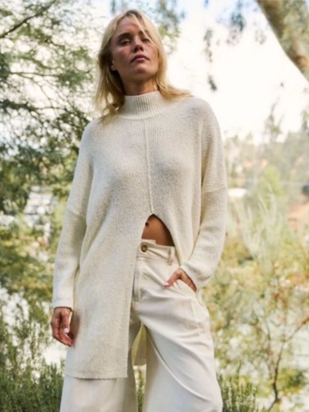 Free People FP beach coco sweater pullover front split hem mock neck ivory cream